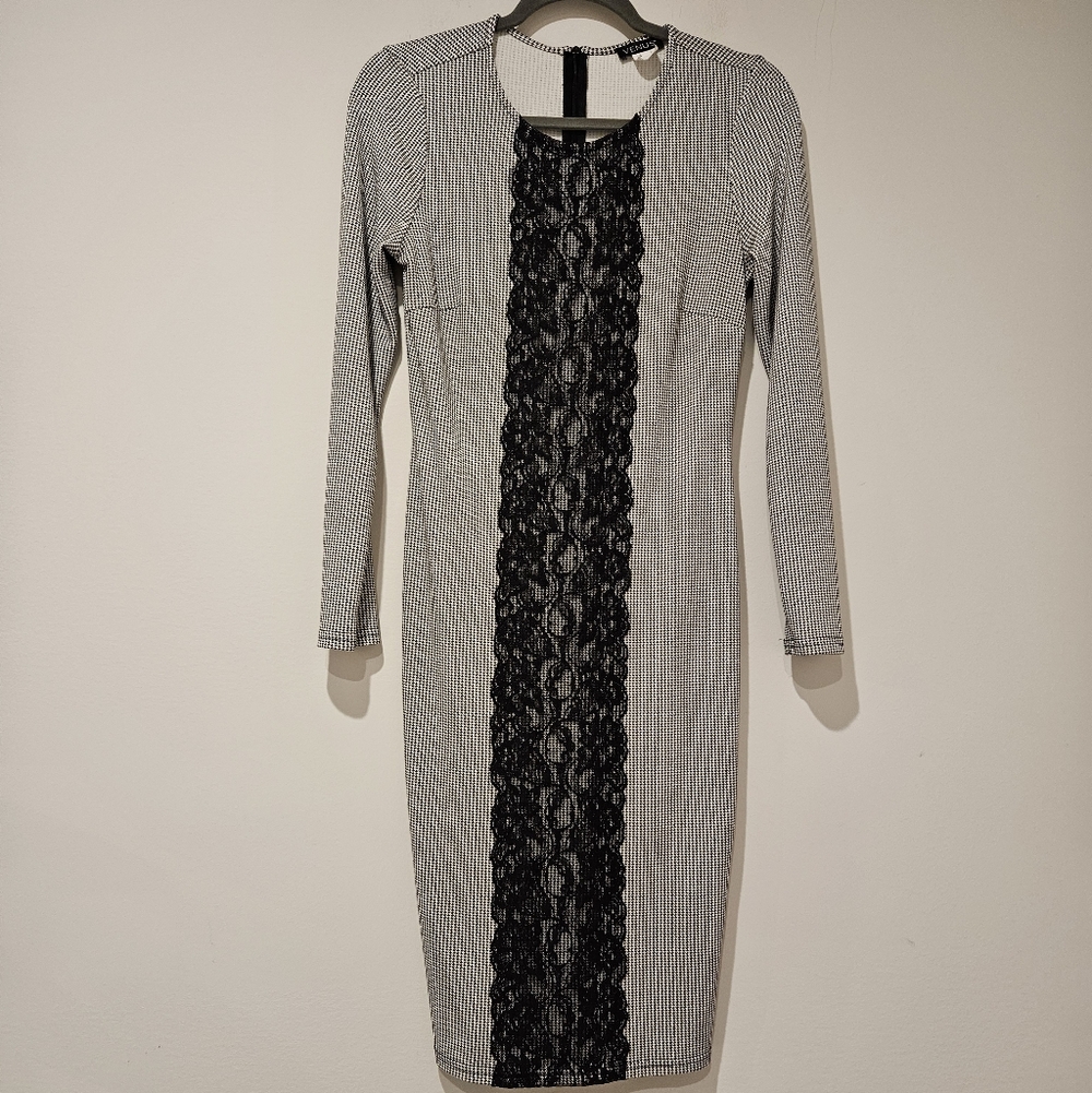 VENUS Checkered Long Sleeve Dress with Lace, Size 6, Black And White